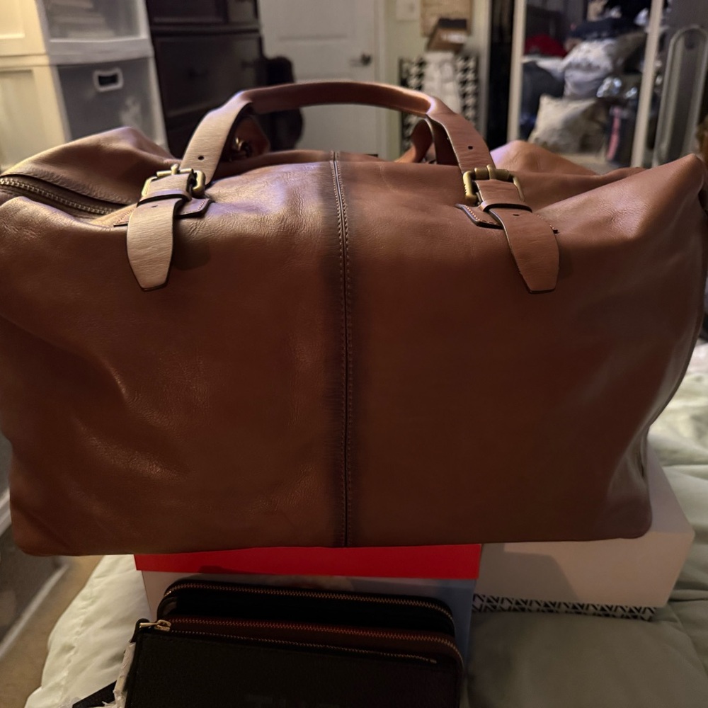 John Varvatos Tan Leather Duffel Bag - Picture 2 of 5